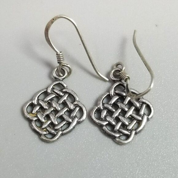Vintage Sterling Silver Celtic Knot Style Dangle Earrings, 925 Hooks, Estate - Picture 1 of 7